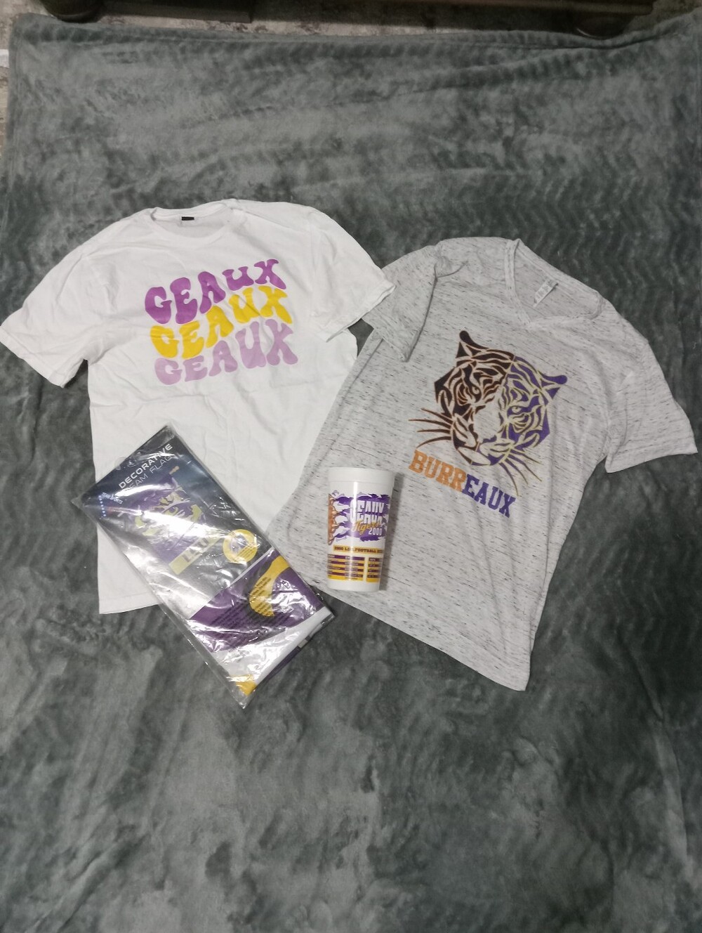 LSU Bundle Ladies Burreaux T Geaux T  29x43 LSU Flag  2000  Stadium Schedule Cup